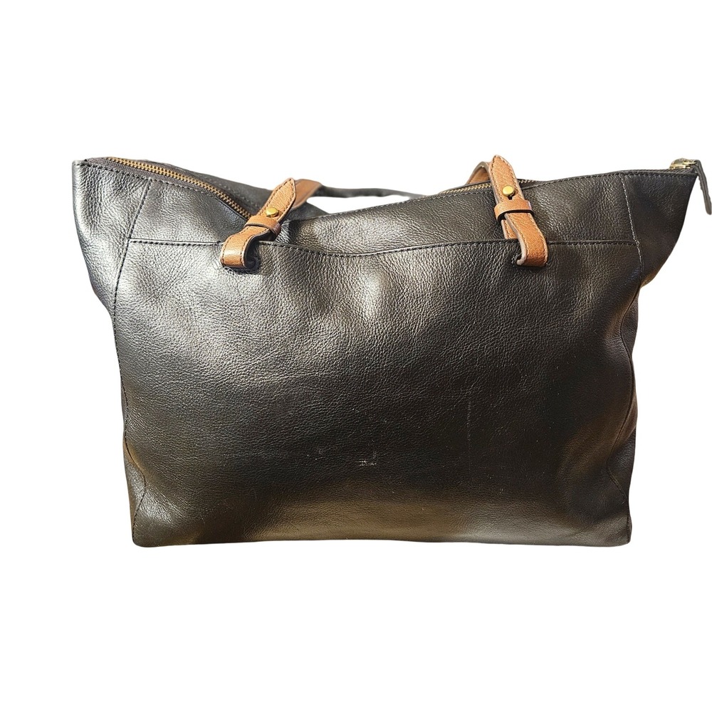 Fossil Rachel Tote Black Pebbled Leather Brown Trim Zip Top Shoulder Bag ZB7507